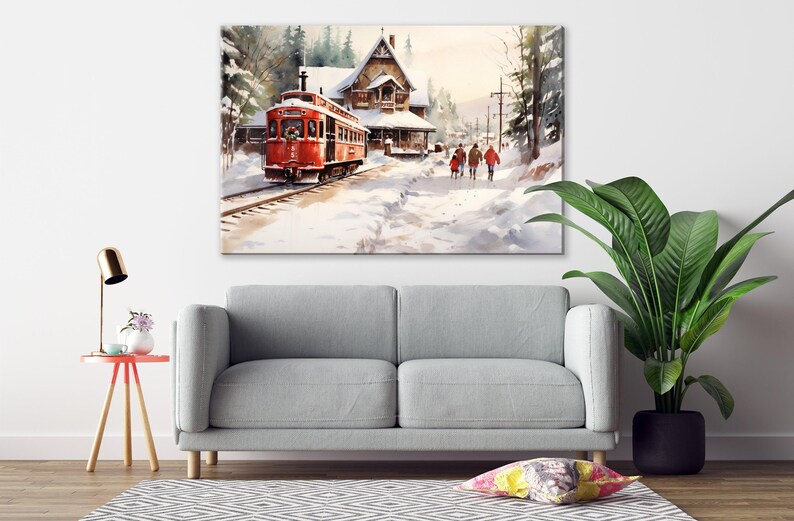 Winter Train Station Watercolor - Christmas Wall Art, Giclee Print on Canvas, Artist Paper, Watercolor Paper, Available in Extra Large Sizes 画像 7
