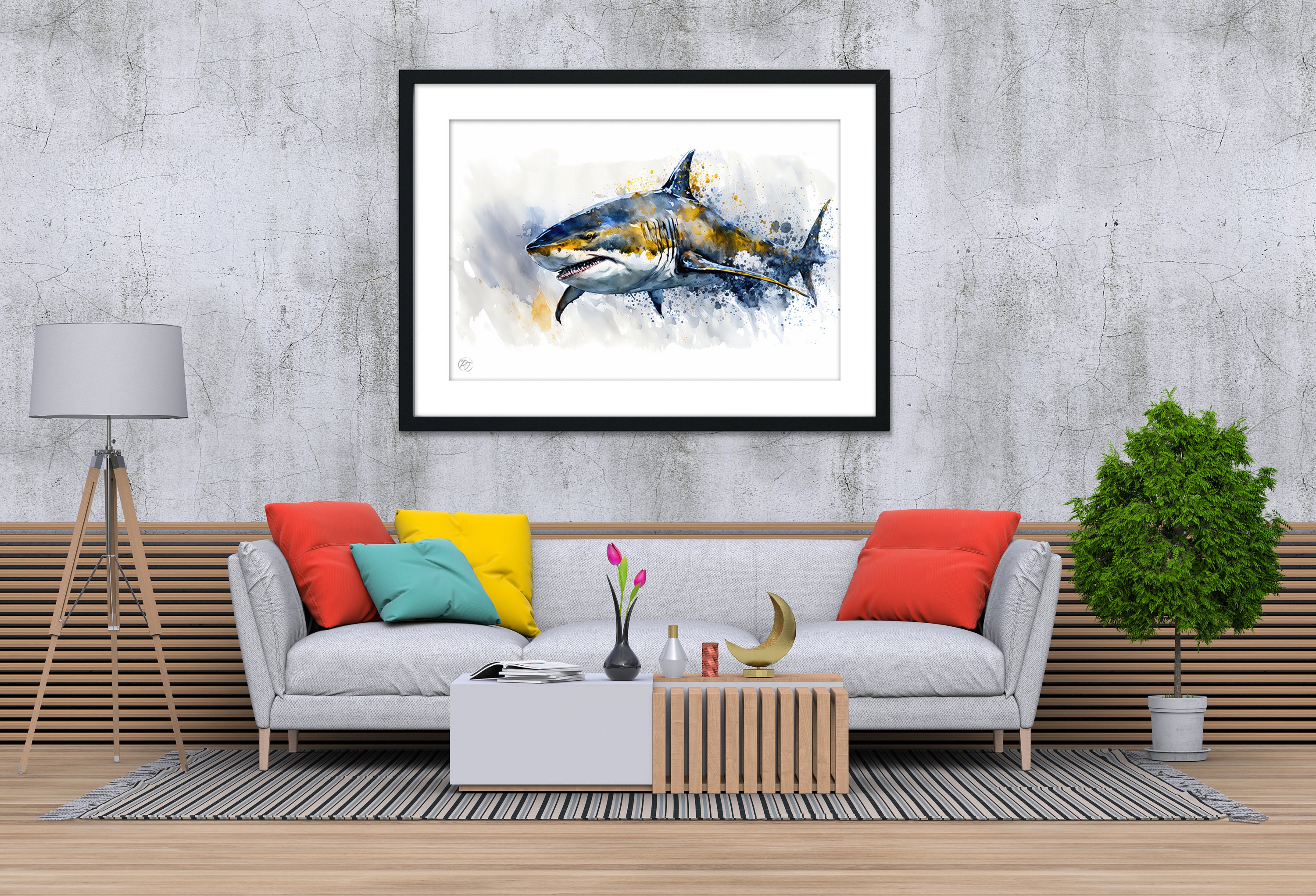 shark-watercolor-art-print-shark-canvas-print-shark-framed-wall-art