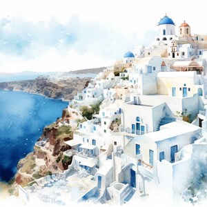 A watercolor painting depicting a picturesque coastal town with white buildings and blue domes overlooking the ocean.