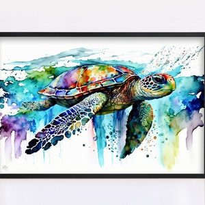 Coastal Serenity: Watercolor Sea Turtle Wall Decor, Giclee Print on Canvas, Artist Paper, Watercolor Paper, Available in Extra Large Sizes