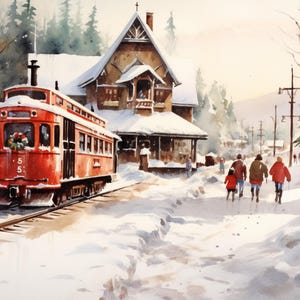 Winter Train Station Watercolor - Christmas Wall Art, Giclee Print on Canvas, Artist Paper, Watercolor Paper, Available in Extra Large Sizes 画像 3