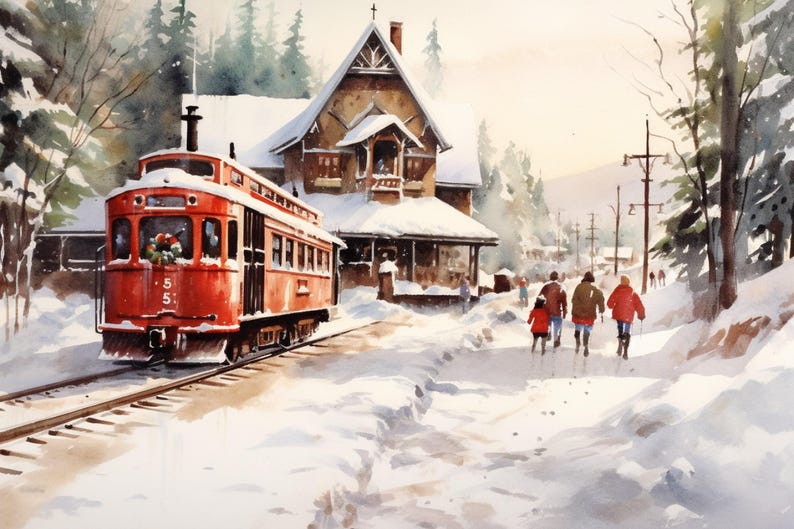 Winter Train Station Watercolor - Christmas Wall Art, Giclee Print on Canvas, Artist Paper, Watercolor Paper, Available in Extra Large Sizes 画像 3