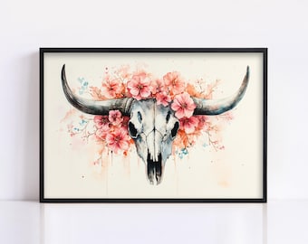 Pink Floral Skull in Southwestern Pastel Art, Giclee Print on Canvas, Artist Paper, Framed or Unframed, Available in Extra Large Sizes
