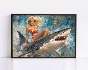 Retro Pin-Up 50s Girl Riding Great White Shark, Giclee Print on Canvas, Artist Paper, Framed or Unframed, Available in Extra Large Sizes