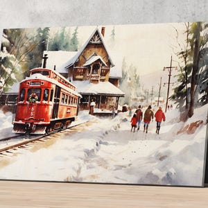 Winter Train Station Watercolor - Christmas Wall Art, Giclee Print on Canvas, Artist Paper, Watercolor Paper, Available in Extra Large Sizes Canvas Print