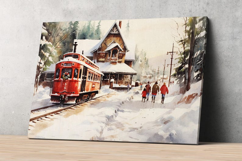 Winter Train Station Watercolor - Christmas Wall Art, Giclee Print on Canvas, Artist Paper, Watercolor Paper, Available in Extra Large Sizes Canvas Print