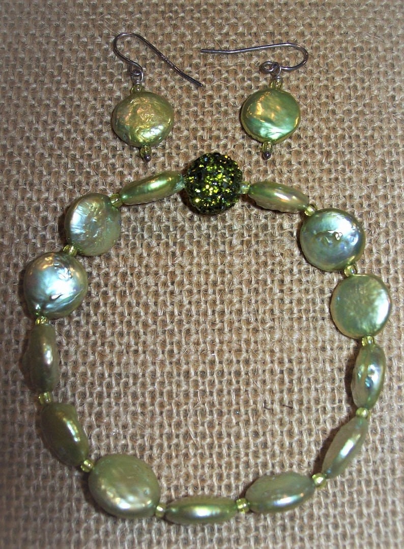 Natural Coin Pearl Bracelet and Earrings Set