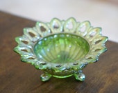 Vintage NORTHWOOD Open Edge Green Carnival Glass Footed Bowl w Iridescent Center
