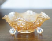 Vintage FENTON Panther Butterfly Marigold Carnival Glass Three-Footed Ruffled Bowl 1940