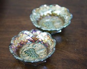 Vintage Millersburg Amethyst Green Carnival Glass Grape Cluster Scalloped Edge Bowls, Set of Two
