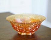 Vintage Imperial Glass Floral Rose Leaf Pattern, Iridescent Marigold Bowl, Large 7.5 quot