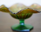 Vintage Millersburg Peacock Variant Amethyst Green 7 quot CARNIVAL GLASS Bowl w Ruffle Edge