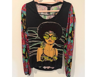 Vintage Y2K Custo Barcelona Pop Art Afro Grafik Top XL