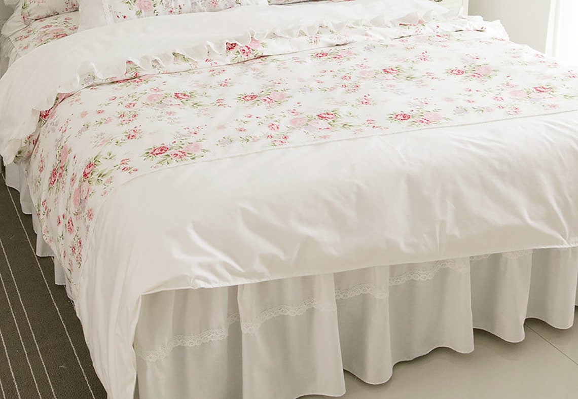 4 PCS White Cotton Duvet Cover Set Floral Lace Bedding Set Etsy