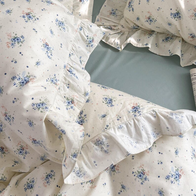 Sage Green Floral Duvet Cover Set Beige Ruffled Lace White Etsy