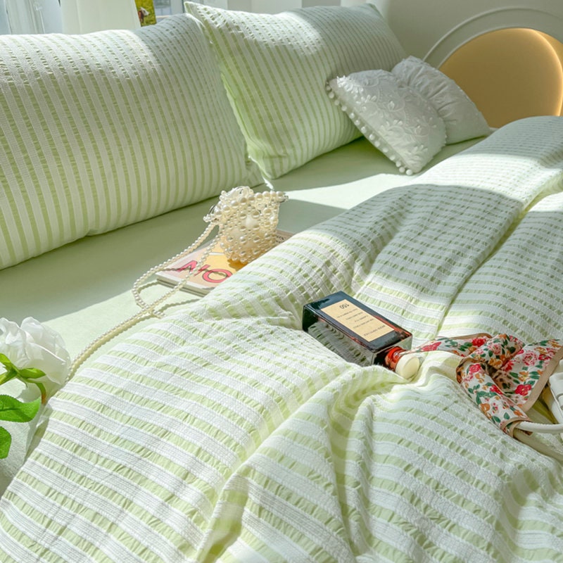 Green Striped Duvet Cover Pink Seersucker Duvet Coverbed Etsy