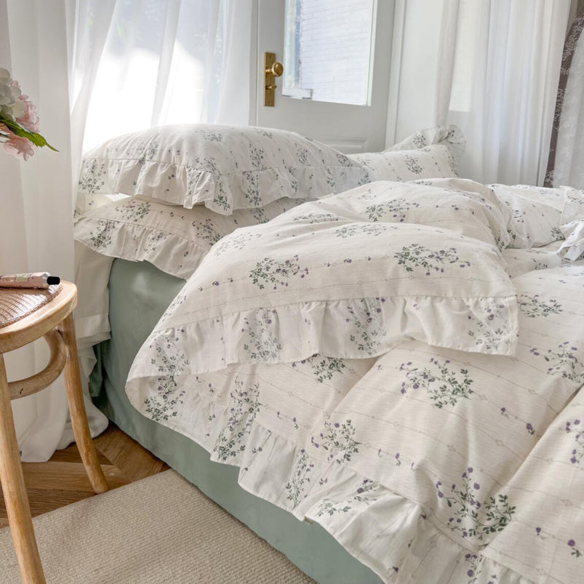 Sage Green Floral Duvet Cover Set Beige Ruffled Lace White Etsy