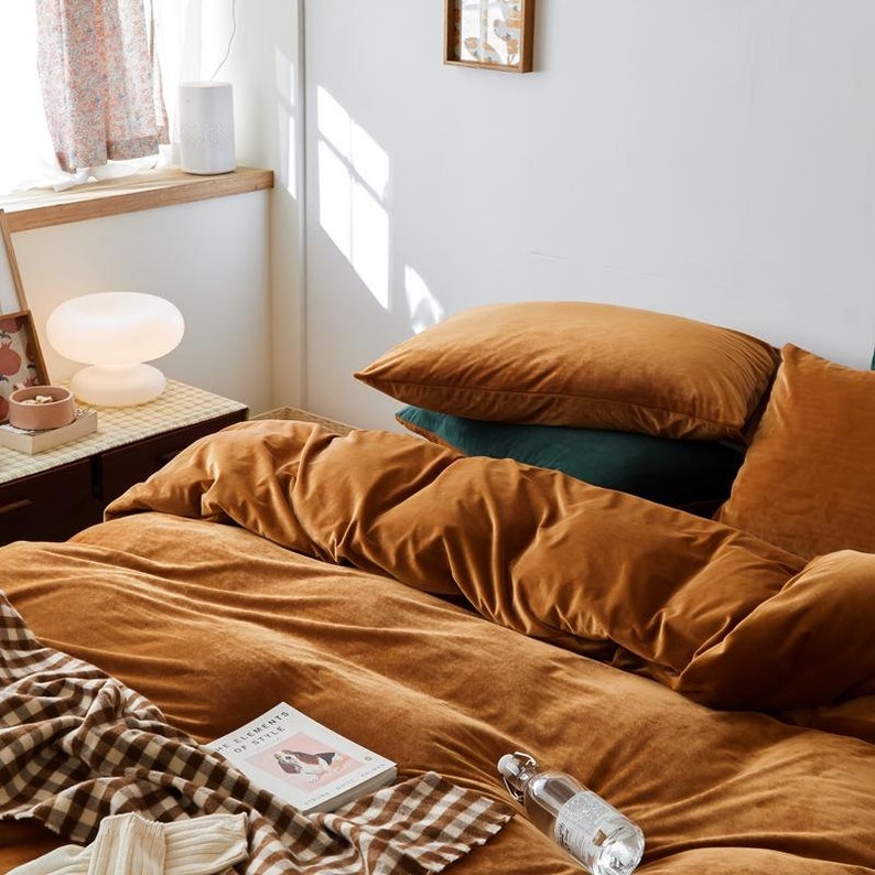 Dark Greenburnt Orange Velvet Bedding Set Khaki Duvet Cover Pillow