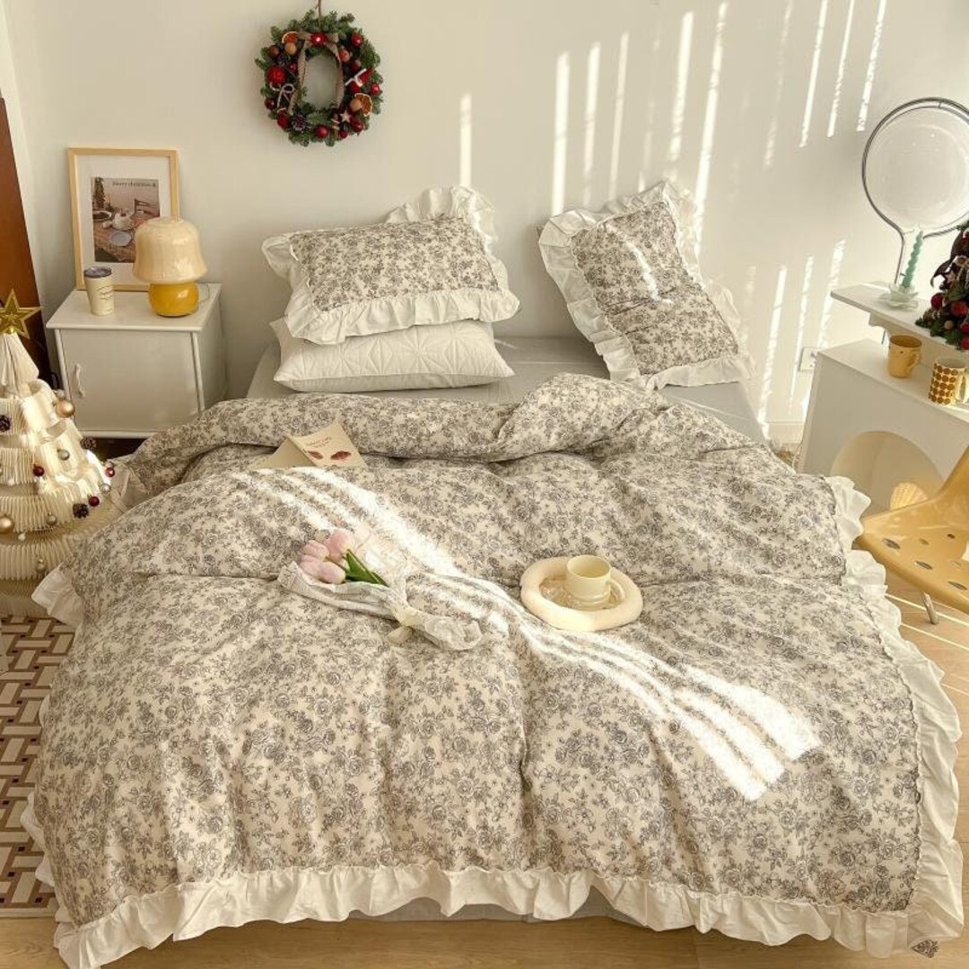 4 PCS Morris Flower Duvet Cover Daisy Floral Lace Bedding Set Ruffled Cotton Quilt Duvet Cover