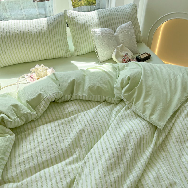 Green Striped Duvet Cover Pink Seersucker Duvet Coverbed Etsy
