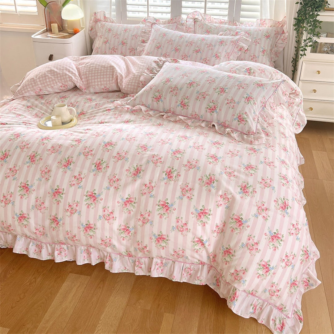 Pink Roses Duvet Cover Floral Ruffled Duvet Cover 100 Cotton Pretty