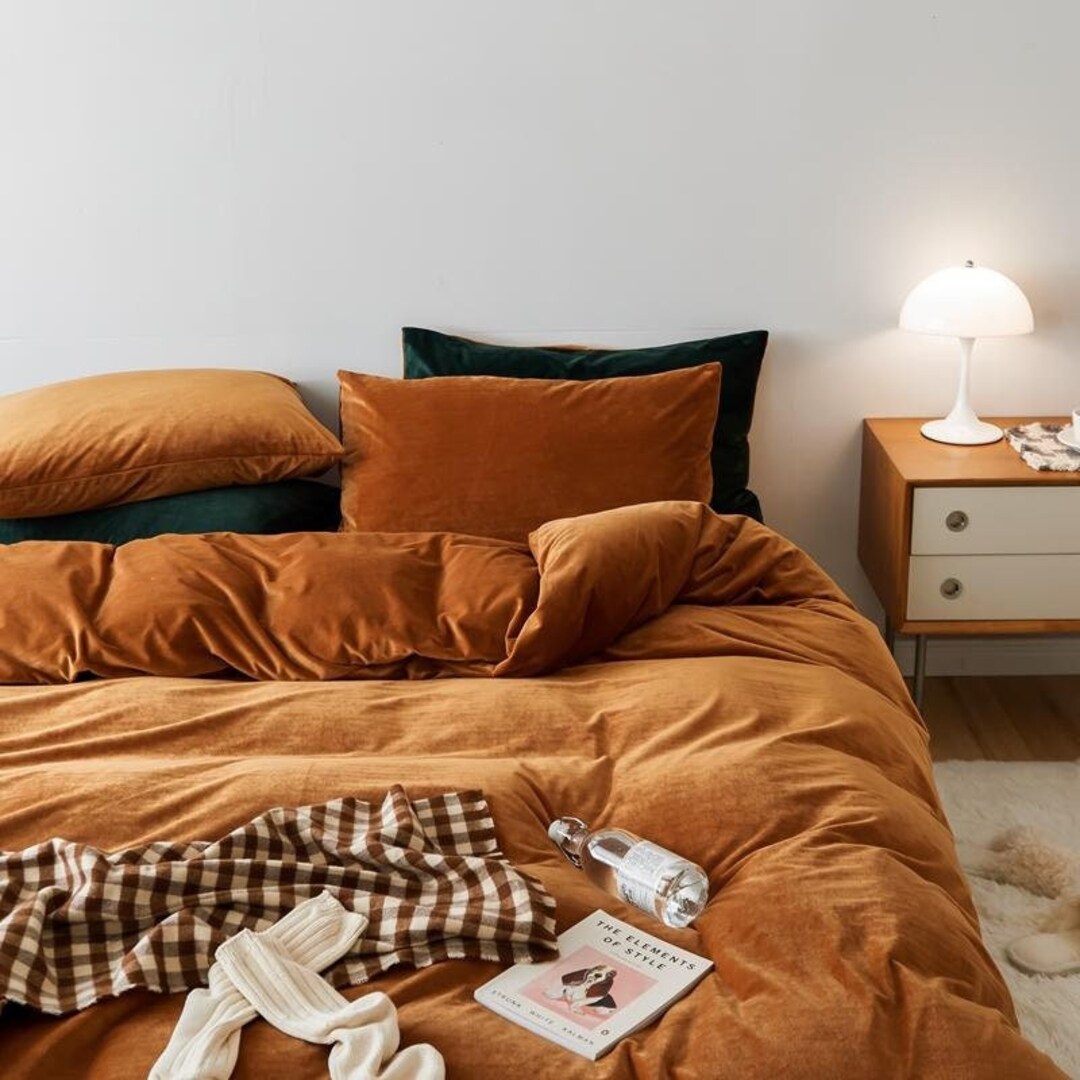 Dark Greenburnt Orange Velvet Bedding Set Khaki Duvet Cover Pillow