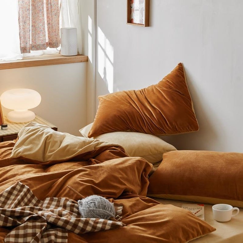 Dark Greenburnt Orange Velvet Bedding Set Khaki Duvet Cover Pillow