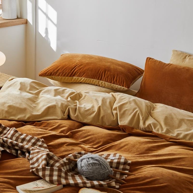 Dark Greenburnt Orange Velvet Bedding Set Khaki Duvet Cover Pillow