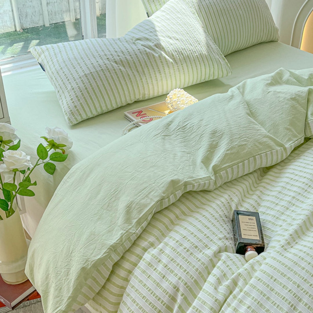 Green Striped Duvet Cover Pink Seersucker Duvet Coverbed Etsy