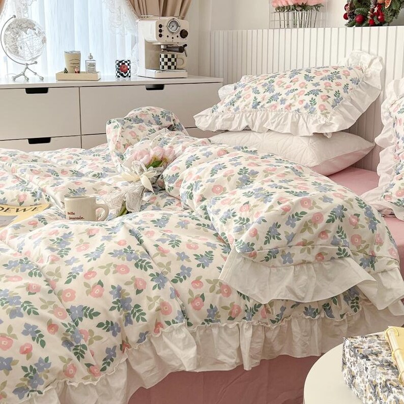 4 PCS Morris Flower Duvet Cover Daisy Floral Lace Bedding Set Ruffled Cotton Quilt Duvet Cover