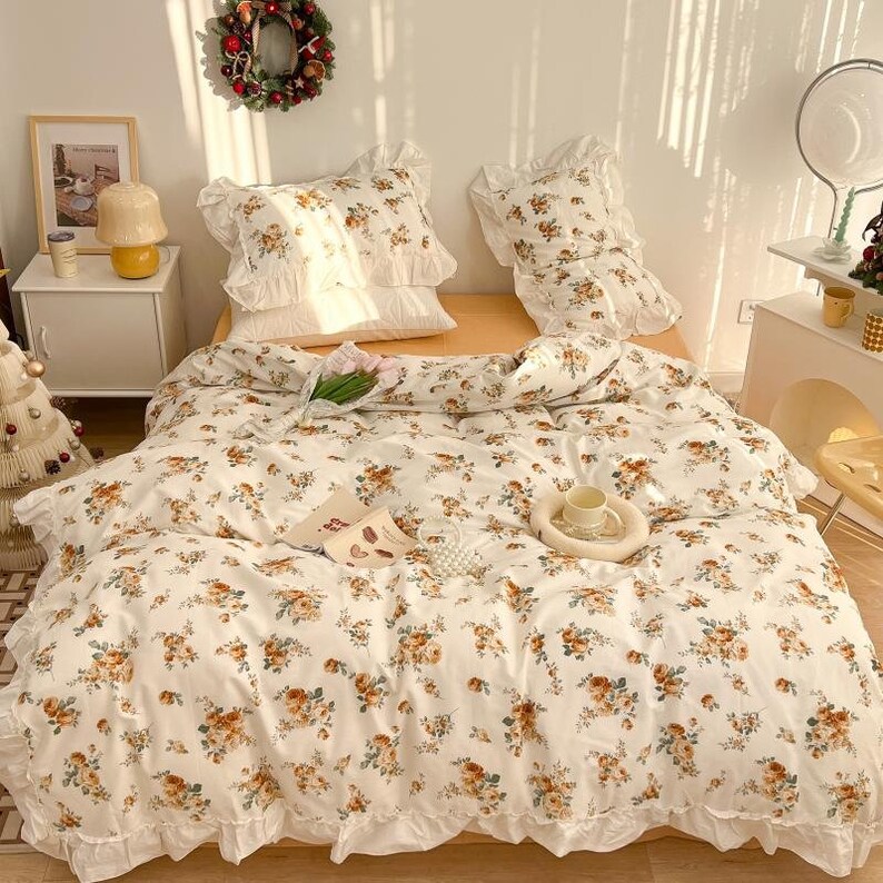 4 PCS Morris Flower Duvet Cover Daisy Floral Lace Bedding Set Ruffled Cotton Quilt Duvet Cover