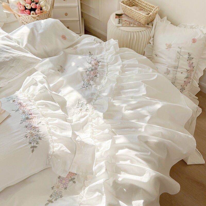 Parure De Lit Brodée Rapport - Housse De Couette Dentelle Florale Super King, Blanc Et Rose