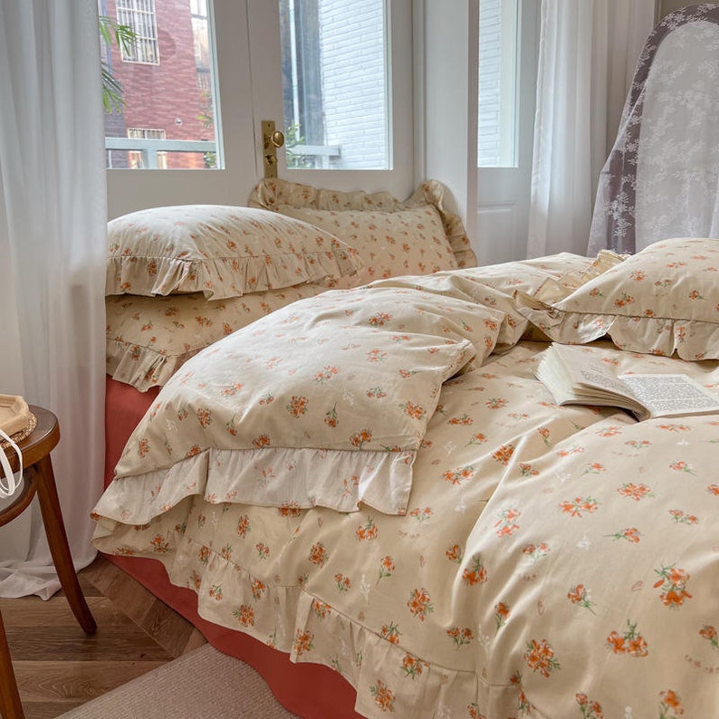 Sage Green Floral Duvet Cover Set Beige Ruffled Lace White Etsy