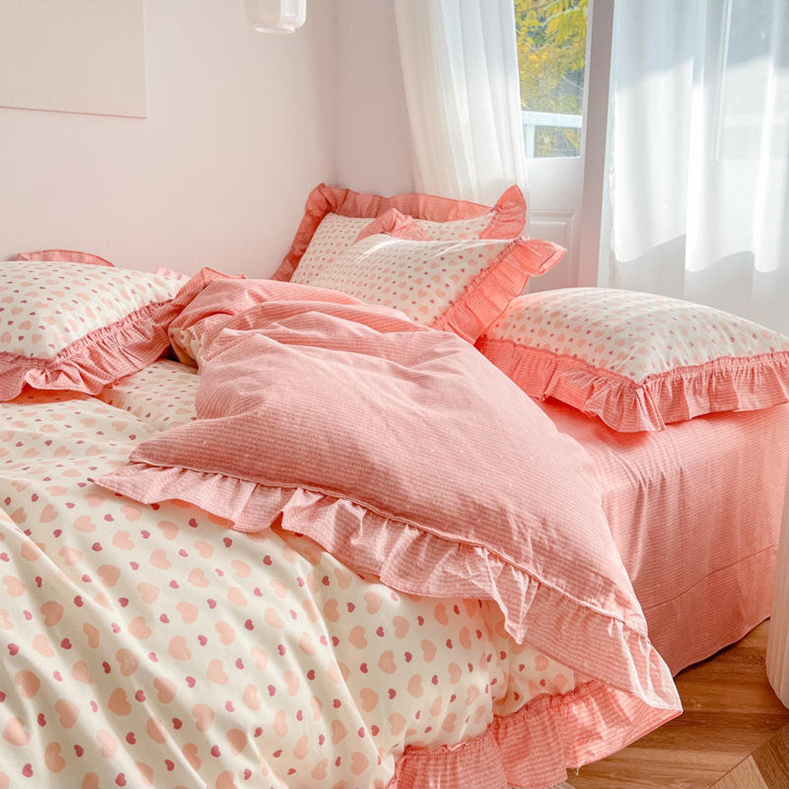 Sage Green Floral Duvet Cover Set Beige Ruffled Lace White Etsy