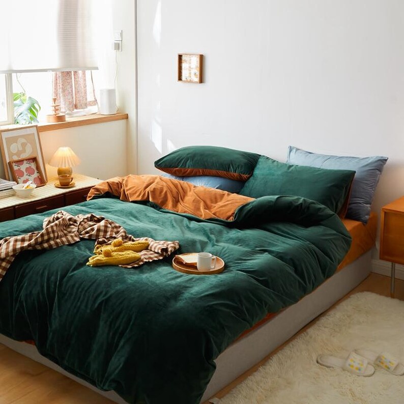 Dark Greenburnt Orange Velvet Bedding Set Khaki Duvet Cover Pillow