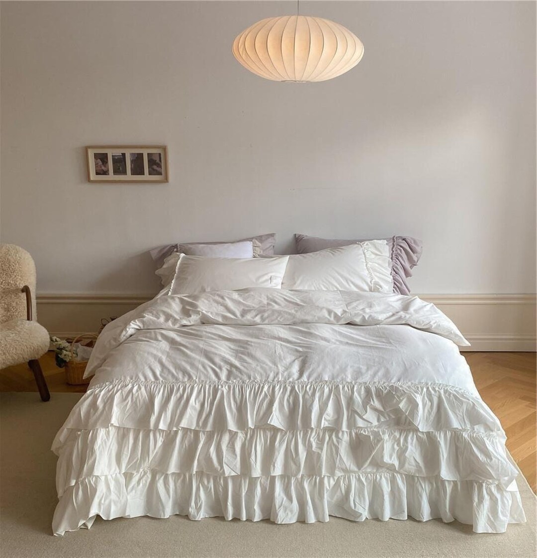 European Classical Grey Cream 3 Layers Ruffled Duvet Cover Luxury Lace