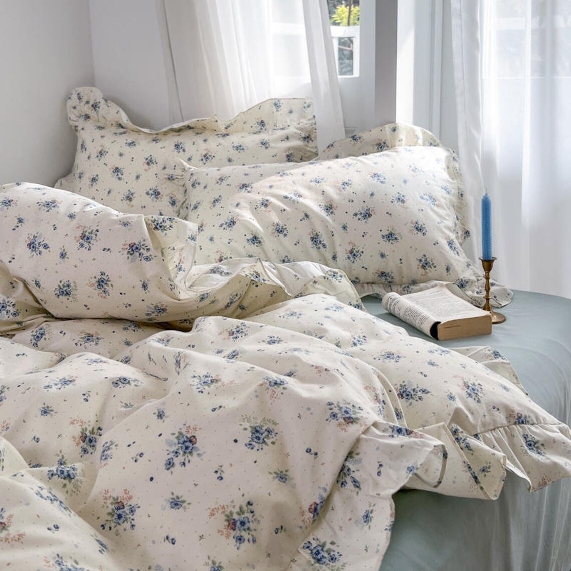Sage Green Floral Duvet Cover Set Beige Ruffled Lace White Etsy