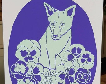 Fox and pansies screenprint, screenprint from a handmade papercut.