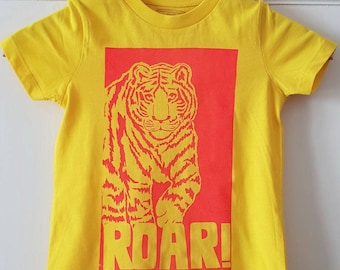 Roar kids tshirt, kids tiger print tshirt, organic cotton kids tshirt, yellow kids tshirt, tiger chikdrens tshirt, handprinted kids tshirt.