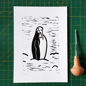 Little penguin print - penguin linoprint - print of a penguin - penguin artwork - penguin print - gift for penguin lover.