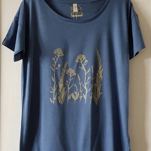 Womens slouchy tshirt, womens organic cotton and tencel tshirt, handprinted loose fit tshirt, gold floral print tshirt,swallow print tshirt image 6