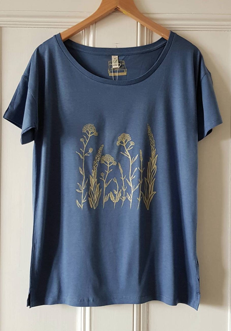 Womens slouchy tshirt, womens organic cotton and tencel tshirt, handprinted loose fit tshirt, gold floral print tshirt,swallow print tshirt image 6