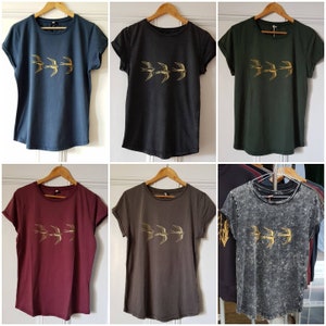 Swallow print t-shirt, womens roll sleeve t-shirt, organic cotton roll sleeve tshirt, bird print tshirt, womens handprinted tshirt, bird top image 1