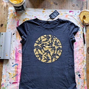 Swallow print t-shirt, womens roll sleeve t-shirt, organic cotton roll sleeve tshirt, bird print tshirt, womens handprinted tshirt, bird top