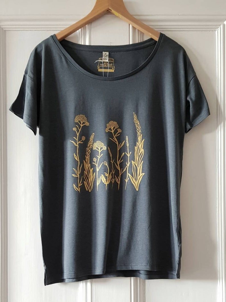 Womens slouchy tshirt, womens organic cotton and tencel tshirt, handprinted loose fit tshirt, gold floral print tshirt,swallow print tshirt image 5