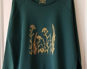 Large Wildflower print womens sweatshirt, handprinted organic cotton sweatshirt.