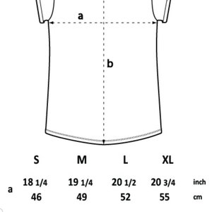 May include: Size chart for a t-shirt with measurements in inches and centimeters. The chart shows the width (a) and length (b) of the shirt in sizes S, M, L, and XL.