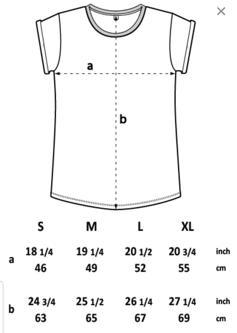 May include: Size chart for a t-shirt with measurements in inches and centimeters. The chart shows the width (a) and length (b) of the shirt in sizes S, M, L, and XL.