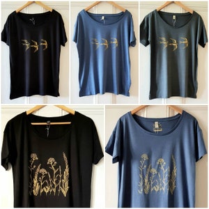 Womens slouchy tshirt, womens organic cotton and tencel tshirt, handprinted loose fit tshirt, gold floral print tshirt,swallow print tshirt image 1