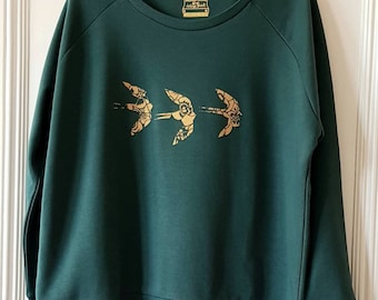 Floral swallow silhouette print sweatshirt, handprinted organic cotton sweatshirt, womens relaxed fit sweatshirt, bird print jumper,bird top